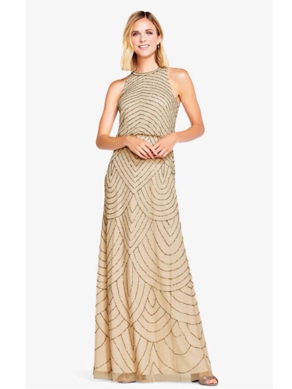 Adrianna Papell Beaded Blouson Gown SZ 14 Art Deco Evening Dress mother of Bride